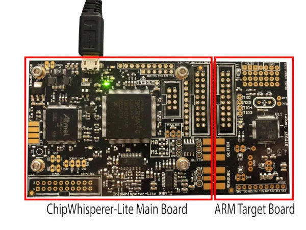 A ChipWhisperer-Lite with its larger capture board on the left and its ARM target board on the right, both labelled.